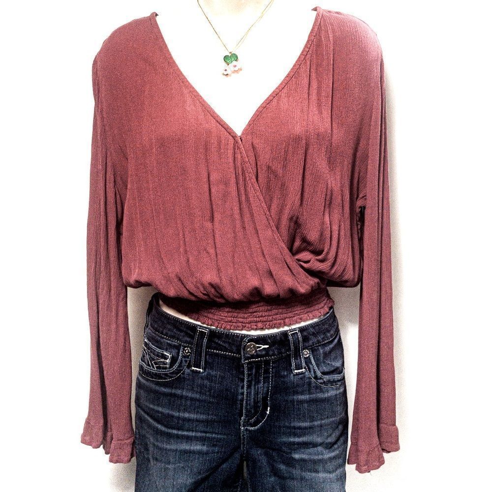 Cranberry 100% Rayon Long-sleeved Cropped Wrap Top Sz L